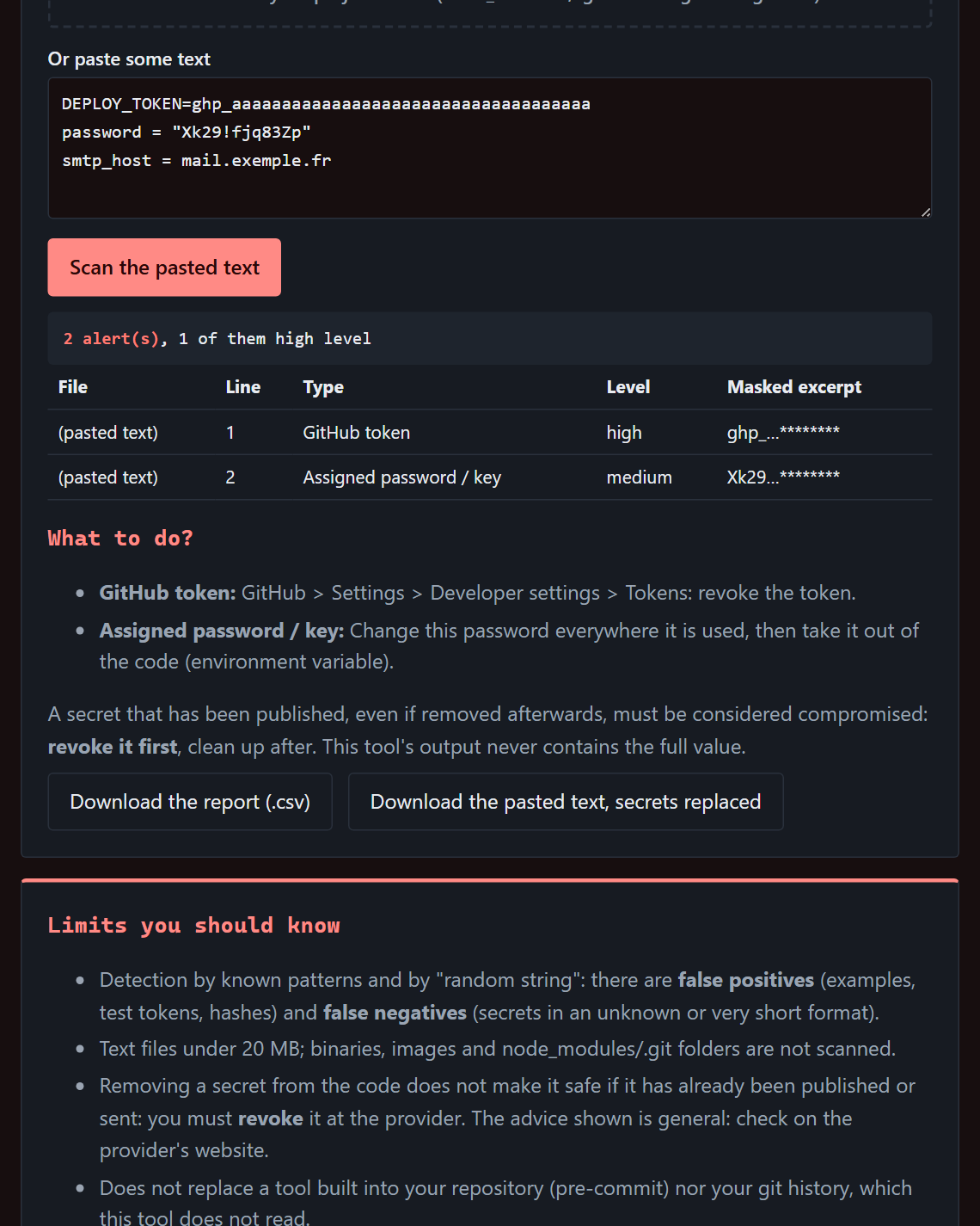 SecretScan: two secrets found in a text, values masked